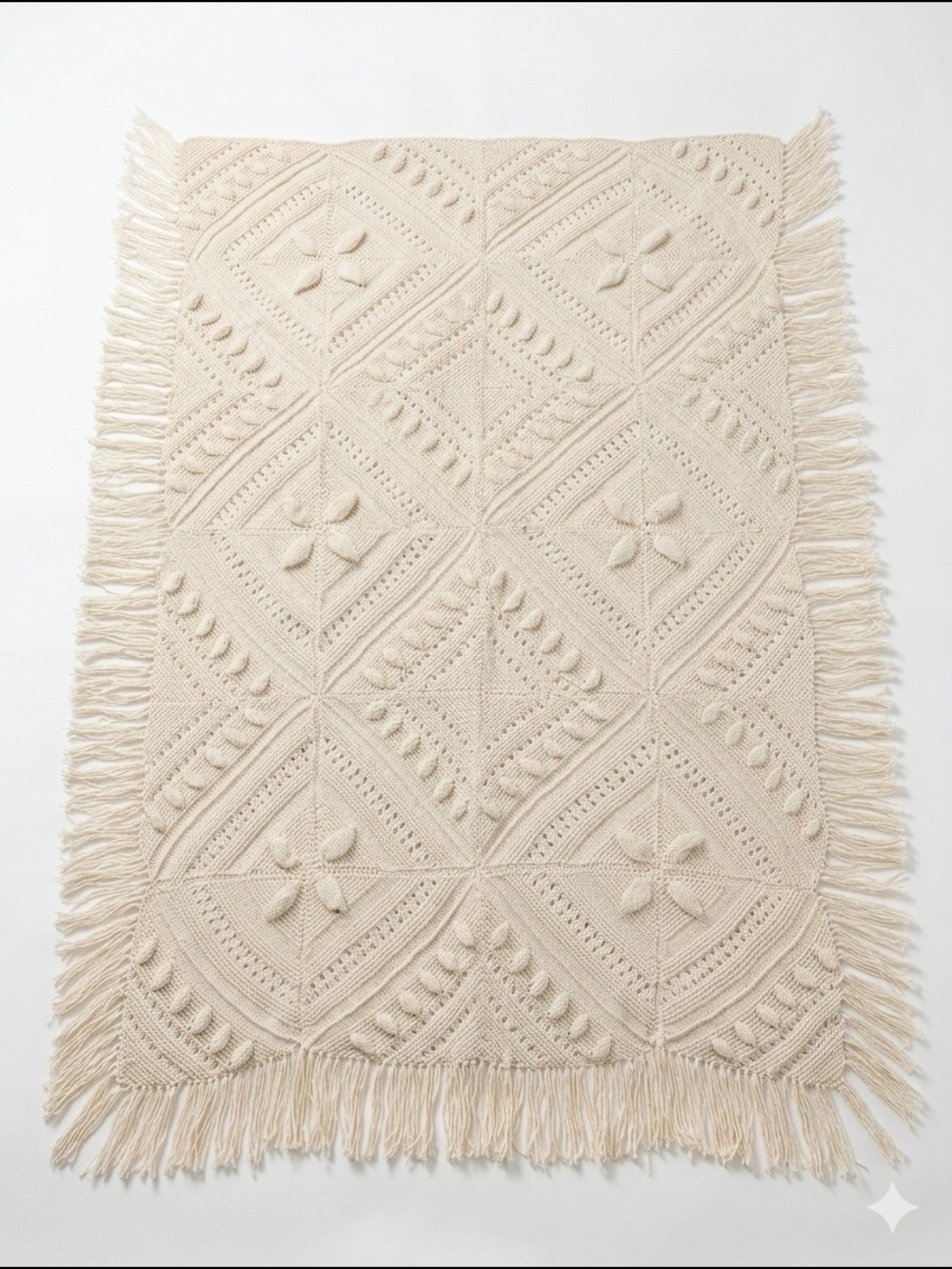 Vintage 1970s Hand-Knit Diamond & Leaf Motif Afghan